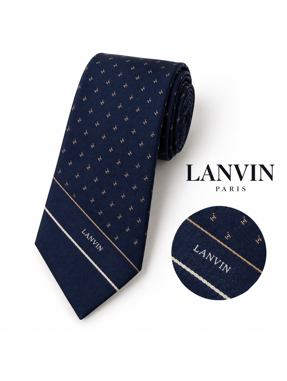 Lanvin Paris Men’s Navy Blue Silk Tie Logo Geometric Stripe Luxury Designer